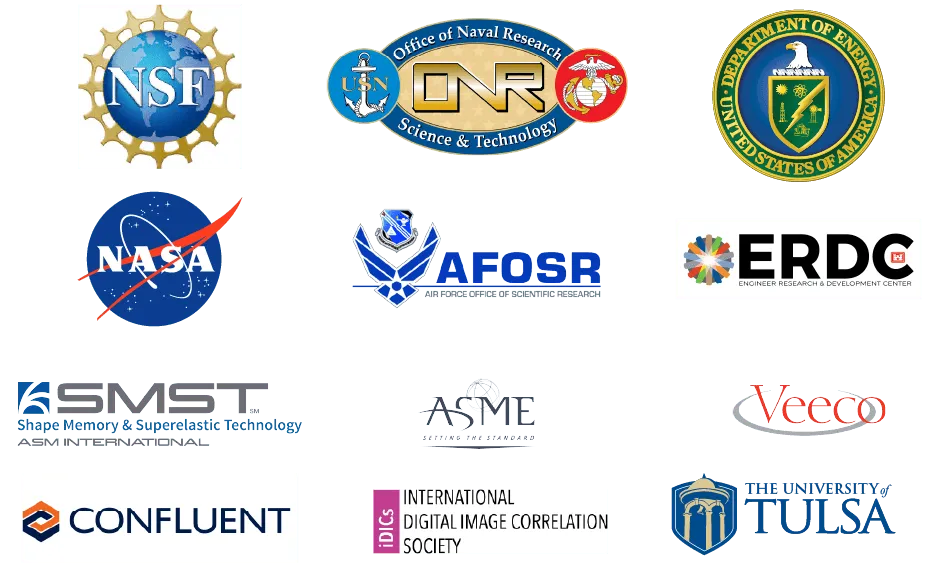 Logos of AMDG sponsors and partners: NSF, Office of Naval Research, Department of Energy, NASA, AFOSR, ERDC, SMST (ASM International), ASME, Veeco, Confluent Medical Technologies, the International Digital Image Correlation Society, and The University of Tulsa.