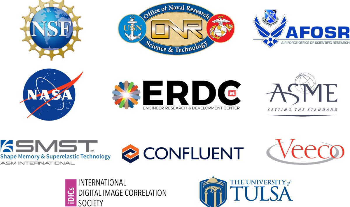 Logos of AMDG sponsors and partners: NSF, Office of Naval Research, AFOSR, NASA, ERDC, ASME, SMST (ASM International), Confluent Medical Technologies, Veeco, the International Digital Image Correlation Society, and The University of Tulsa.